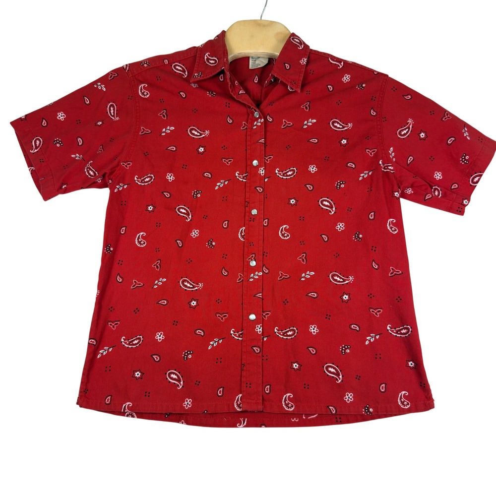 Mandal Bay Womens Red Bandana Paisley Snap Front Short Sleeve Cotton Shirt S/M